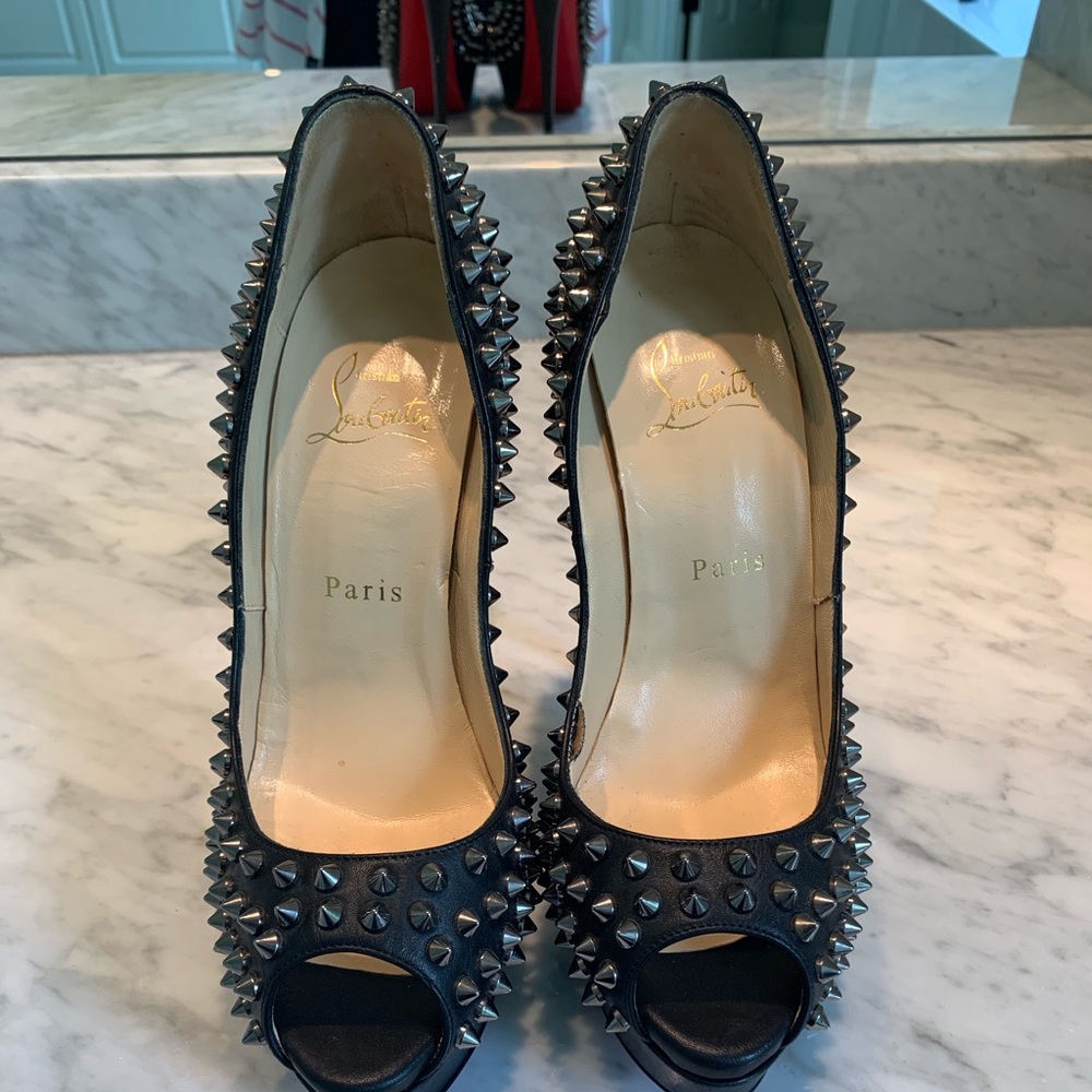 Christian Louboutin Black Lady Peep Spike Heels